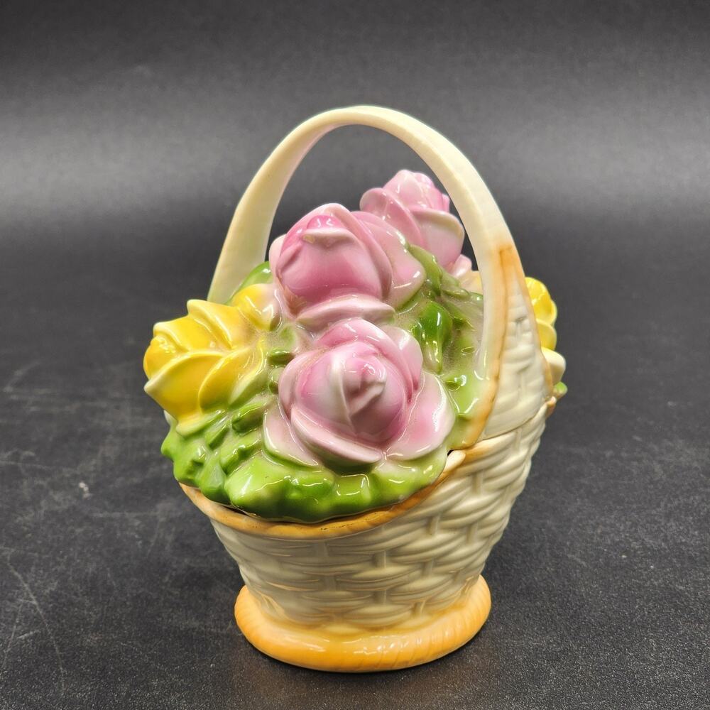 German Porcelain Basket Trinket Box Pink Yellow Roses Handle 2 Pc Vintage